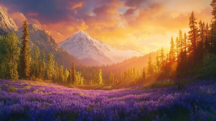 Obraz premium Violet field at sunset with mountains and trees. Background suitable for nature themes