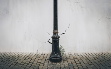 Minimalist urban detail of a weathered black cast iron lamp post base, cracked white wall, and cobblestone pavement with small green plant growth, symbolizing urban decay and resilience