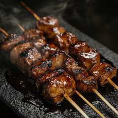 Grilled skewers of meat glazed with sauce on a black plate