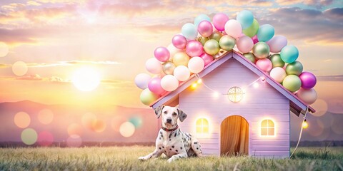 Obraz na płótnie Canvas Dalmatian dog relaxing by a balloon-adorned doghouse at sunset