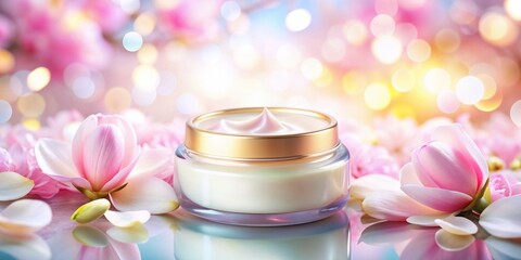 Moisturizing cream jar surrounded by pink flowers
