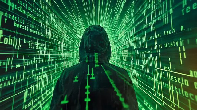 Adult Caucasian man portrayed as a hooded figure stands amid vibrant green data streams, symbolizing themes of privacy, cybersecurity, and digital world exposure.