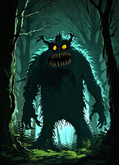 scary monster, in a dark forest, cartoon, cel-shaded, horror