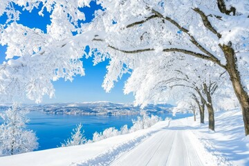 Winter Mountains on a Snowy Road, Breivikeidet, Troms, Norway.Breivikeidet, Troms, Norway: A Snowy Road Flanked by Mountains in Winter.In Winter, Mountains Tower Over a Snowy Road in Breivikeidet,
