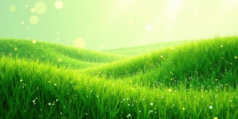 Fototapeta premium Serene Rolling Hills of Lush Green Grass with Morning Dew and Sunlight