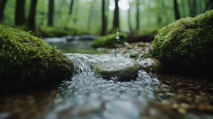 Fototapeta premium A serene forest stream gently cascades over moss-covered rocks, surrounded by lush greenery, evoking tranquility and the soothing sounds of nature.