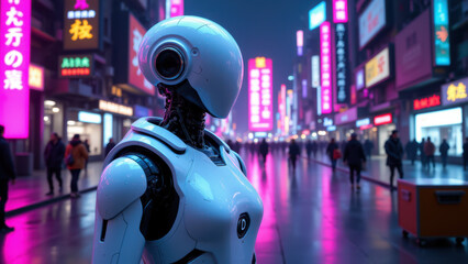 Fototapeta premium A humanoid robot standing on a bustling city street at night, observing its surroundings.