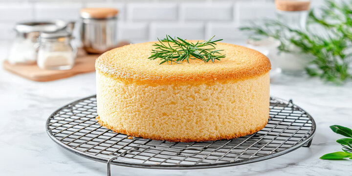 Fresh baked plain vanilla sponge cake on cooking iron grid, white table with Cooking utensils and ingredients, chiffon Cake, homemade
