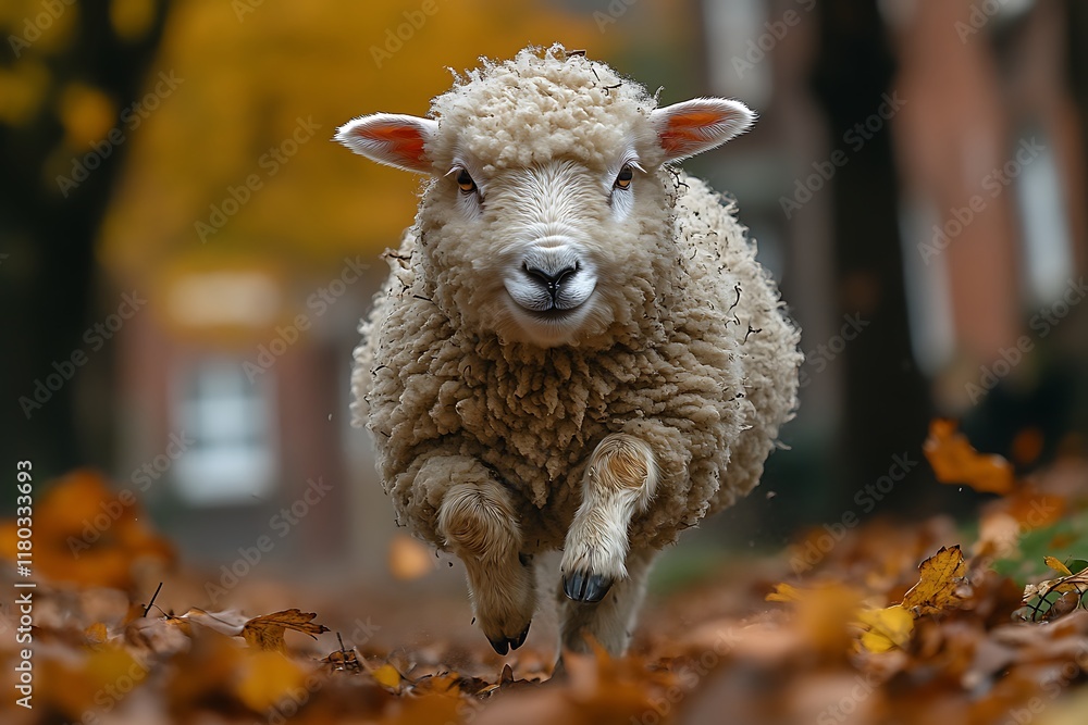 Poster a playful sheep running through a path covered in autumn leaves.