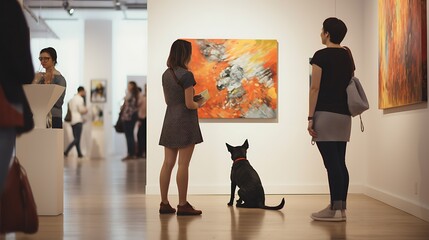 Woman visiting pet friendly art gallery with her dog