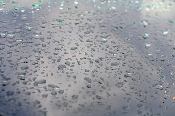 Droplets cascade across a reflective surface during a tranquil rain shower in the early morning light