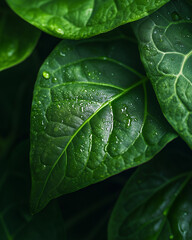 Green leaves with water droplets on dark background