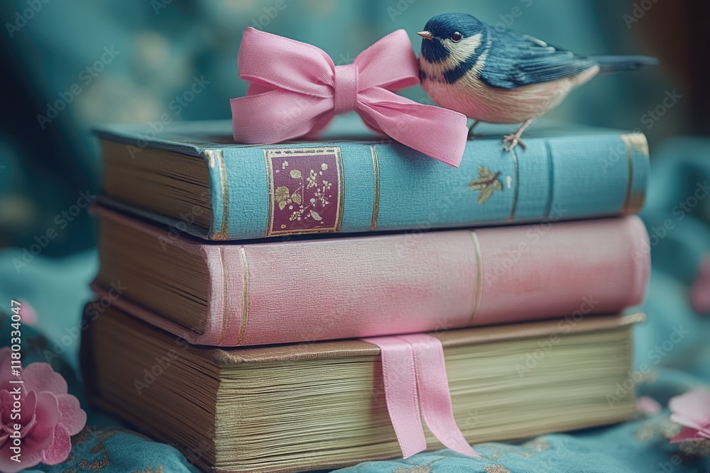 Poster a bird perches on top of a pile of books, with open pages and scattered papers