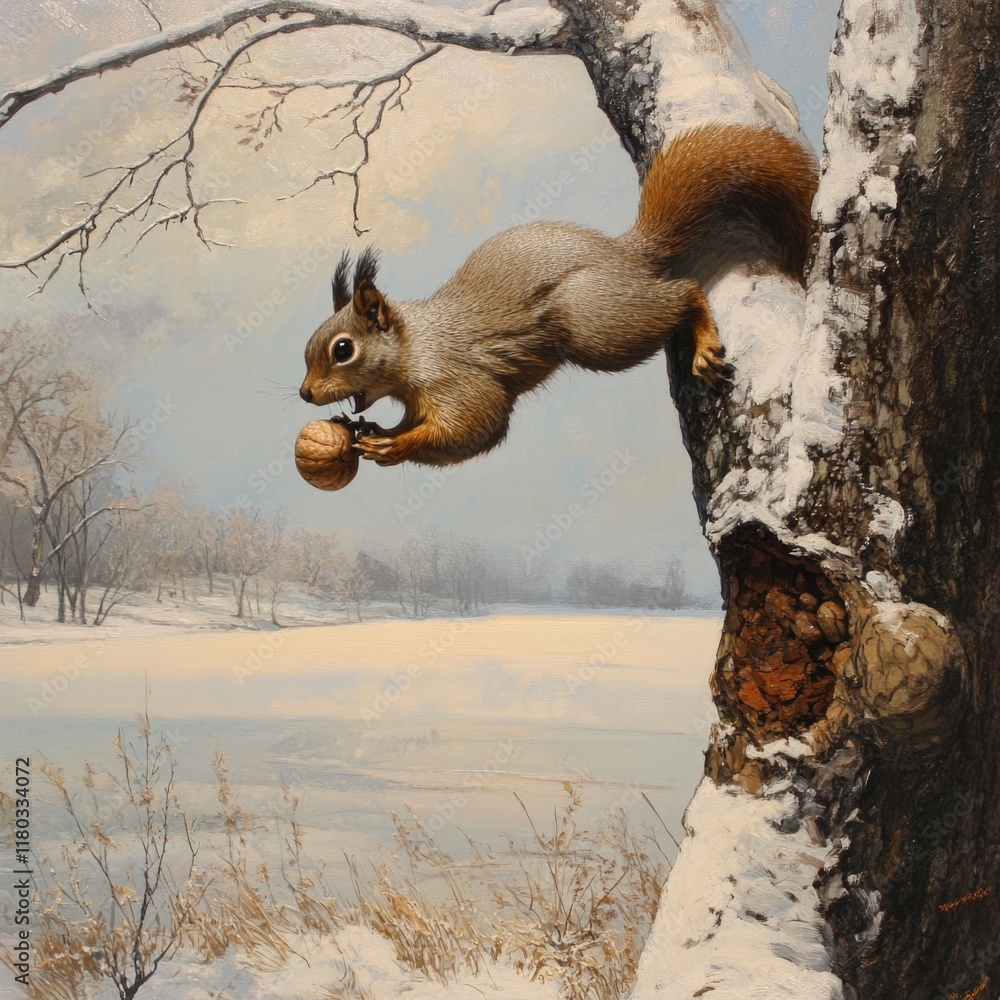 Poster A squirrel hangs upside down from a tree branch, holding onto a trunk with its paws