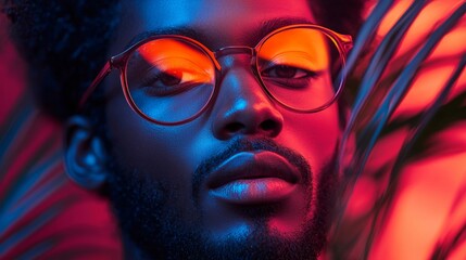 Bold portrait of a man in neon light with red glasses