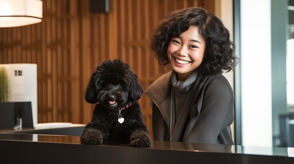Happy tourist with dog enjoying pet friendly hotel accommodation