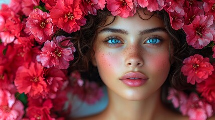 Woman with piercing blue eyes and vibrant floral crown