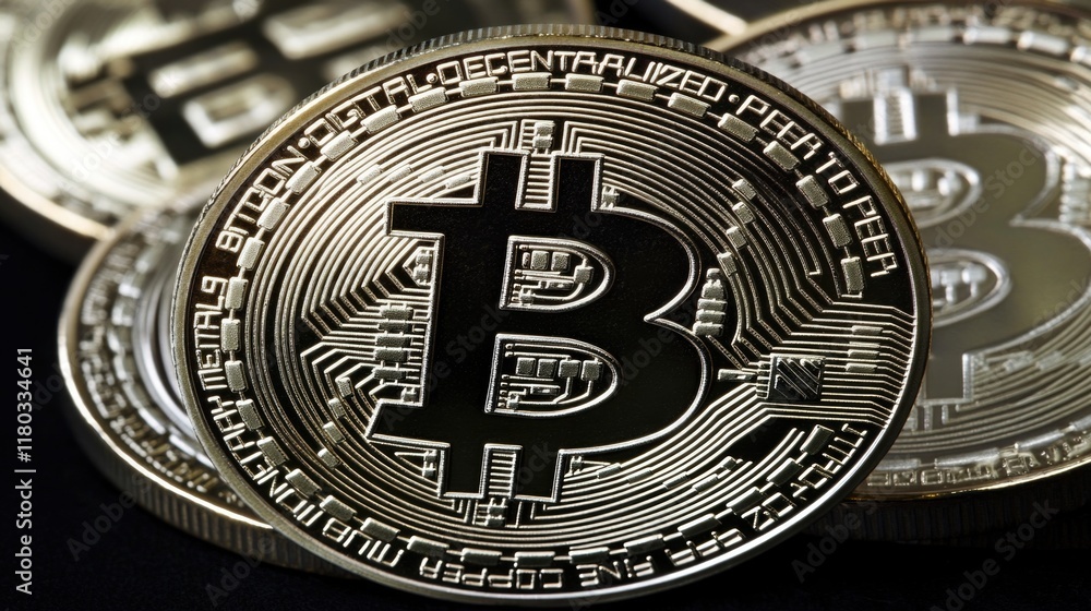Poster a detailed view of several bitcoins coins on a flat surface