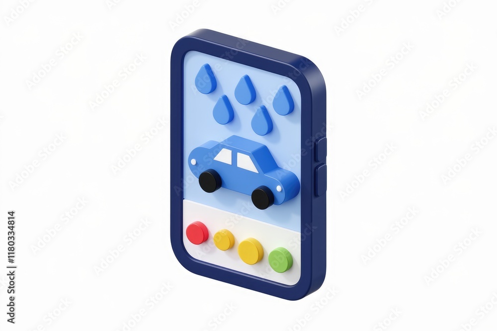Poster Mobile app showing a car wash service with water drops and color-coded buttons.