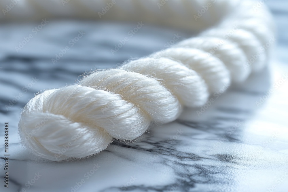 Poster a close-up shot of a rope of yarn sitting on a marble surface, perfect for use in textiles or craft-