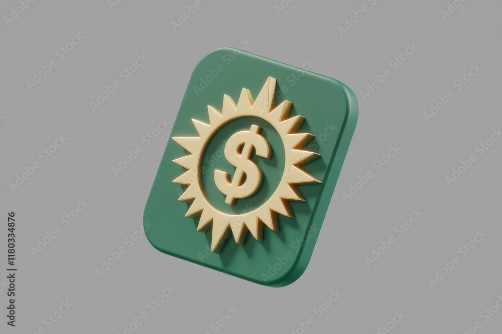 Poster 3d rendering of a green square app icon featuring a golden dollar sign within a sunburst.