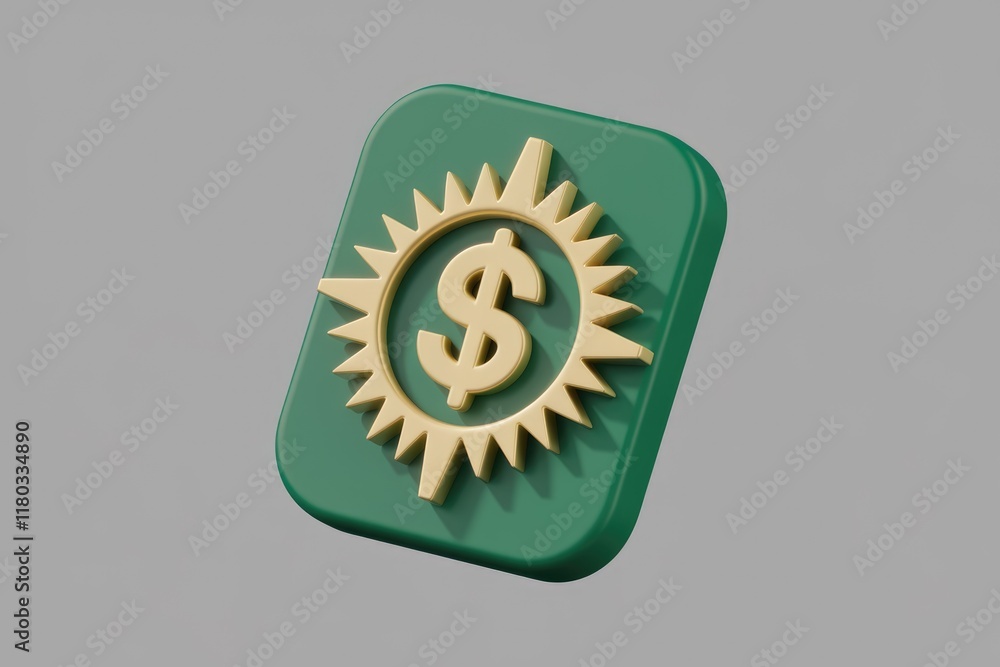 Poster a 3d render of a green square button featuring a golden dollar sign within a sunburst design.
