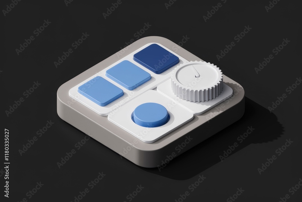 Aufkleber A minimalist 3D render of a control panel featuring buttons and a knob, suggesting settings or adjustments.
