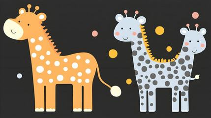 Naklejka premium Cute cartoon giraffes on black background with pastel colors and decorative elements. Possible use for children's book illustrations or educational materials.