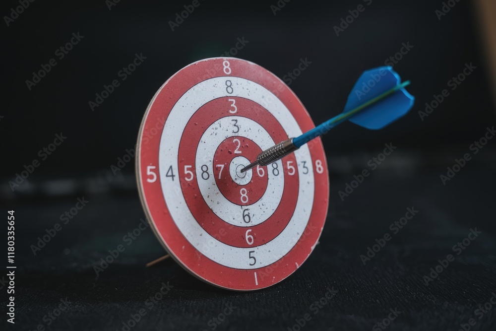 Poster a blue dart hits the bullseye of a red and white dartboard, signifying accuracy and achieving goals.