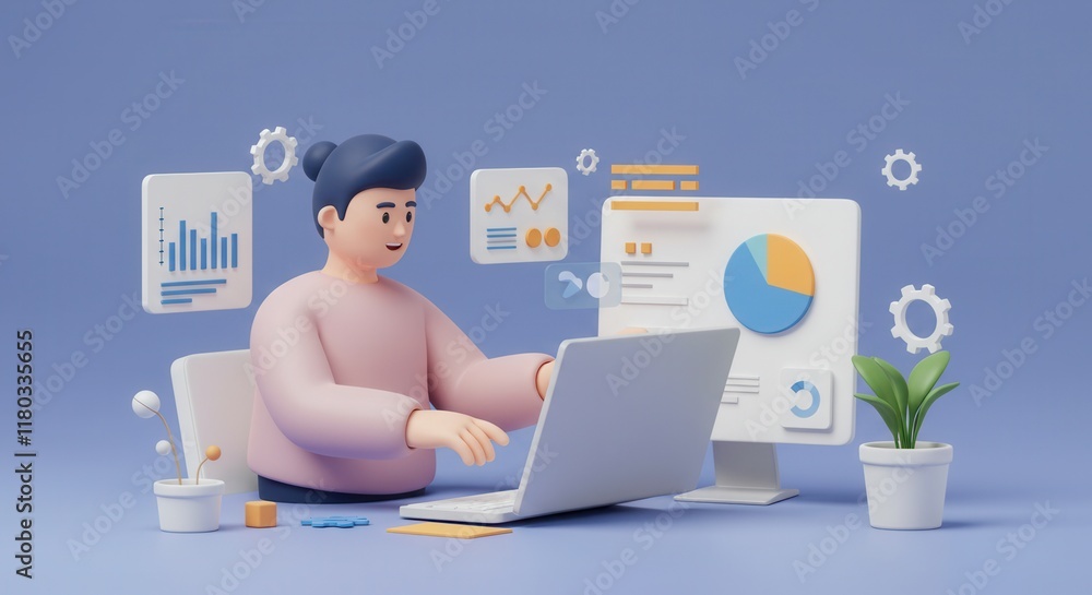 Poster 3d cartoon character working at laptop with data charts and gears on screen