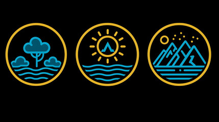 Nature Icons Tree, Sun, Mountains; Water; Dark Background; Website Design.