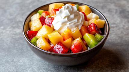 Fresh fruit salad with whipped cream in a bowl. (1)