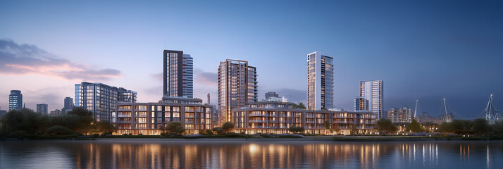 Naklejka premium Modern riverfront residential towers with illuminated windows at dusk