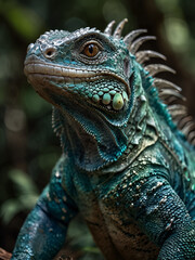 Detailed portrait of a brightly colored iguana with highlights on its scales.