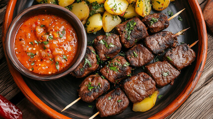 Grilled beef skewers with potatoes and sauce on wooden table