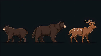 Forest Animals Profile, Bear & Deer, Dark Background, Educational Illustration.