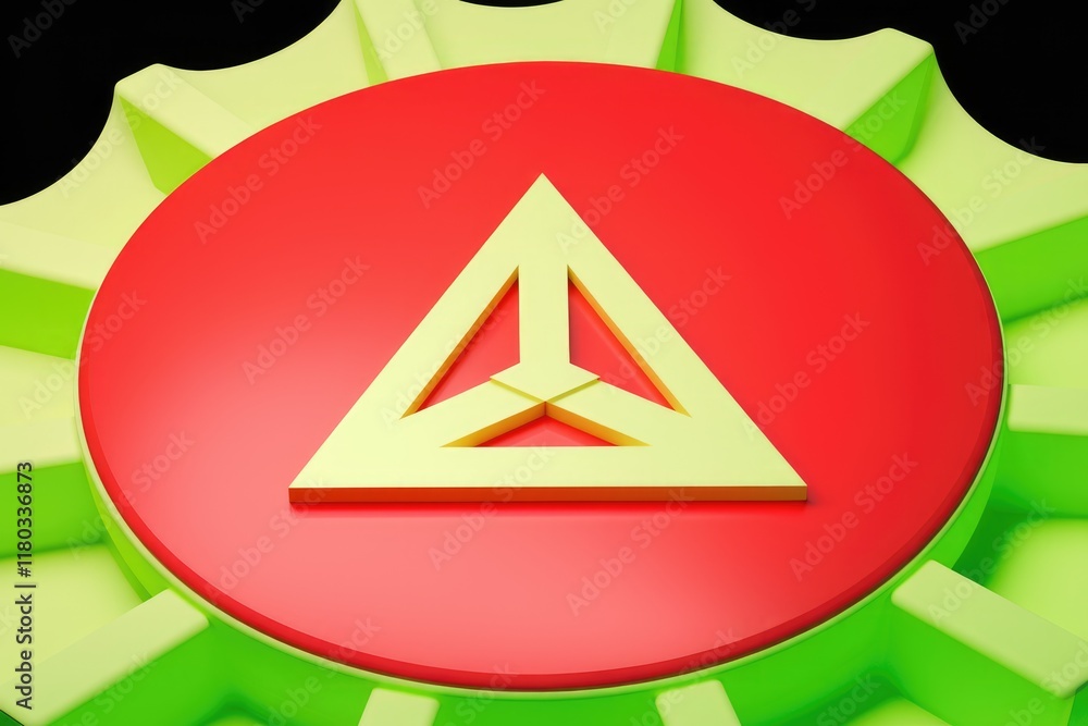 Poster A vibrant 3D rendering of a yellow triangle within a red circle on a green gear-like background.