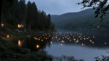 Twinkling lights float over a serene forest lake at night, creating a magical ambiance under a starry sky.