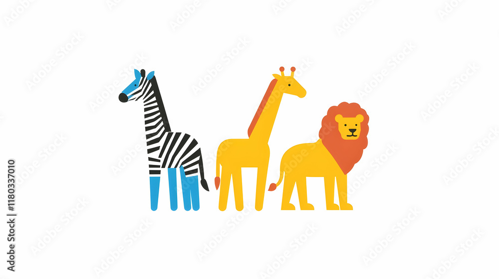 Wall mural Cute cartoon zebra, giraffe, and lion in a row on white background. Possible use for children's book cover or educational materials.