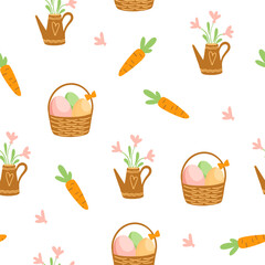 Easter pattern with different characters and other elements. Easter bunny, chicks, eggs and flowers, sheep, basket with eggs. Vector illustration.