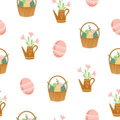 Easter pattern with different characters and other elements. Easter bunny, chicks, eggs and flowers, sheep, basket with eggs. Vector illustration.