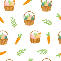 Easter pattern with different characters and other elements. Easter bunny, chicks, eggs and flowers, sheep, basket with eggs. Vector illustration.
