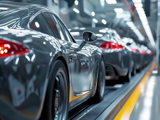 Modern car factory assembly line with gray cars in different painting stages under bright lights