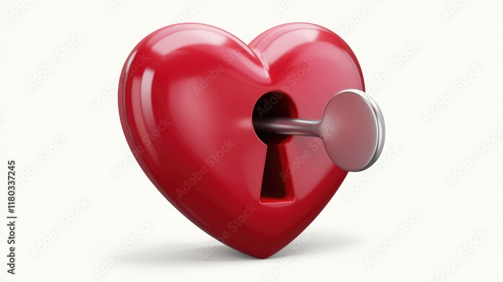 Poster a red heart-shaped object with a keyhole and a key inserted, symbolizing love and unlocking emotions