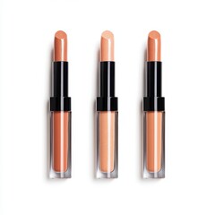 Obraz premium Three lip gloss tubes in varying shades of peachy nude, showcasing a glossy finish and sleek packaging.