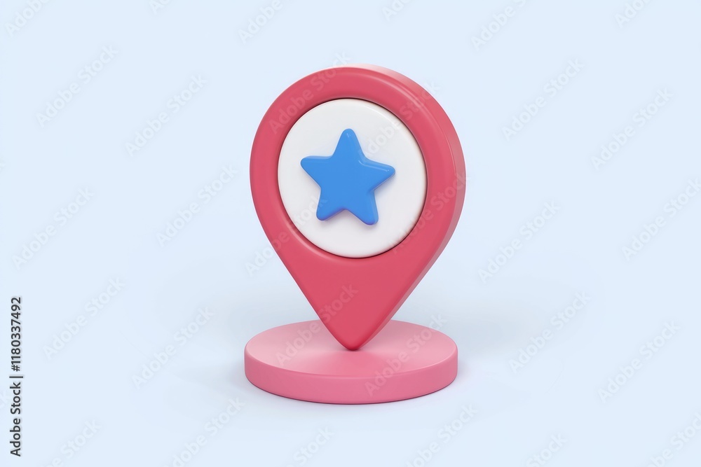 Poster a 3d render of a pink location pin with a blue star, signifying a favorite or marked place.