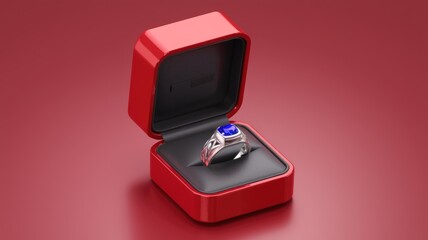 A red ring box displays a silver ring with a striking blue gemstone.