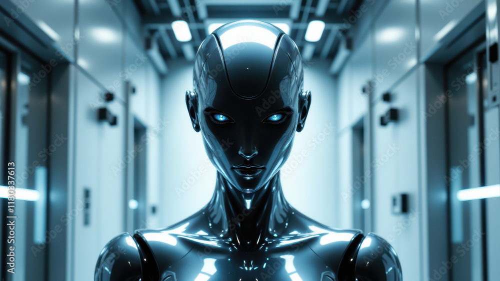 Poster futuristic ai robot standing in server room with modern technology.