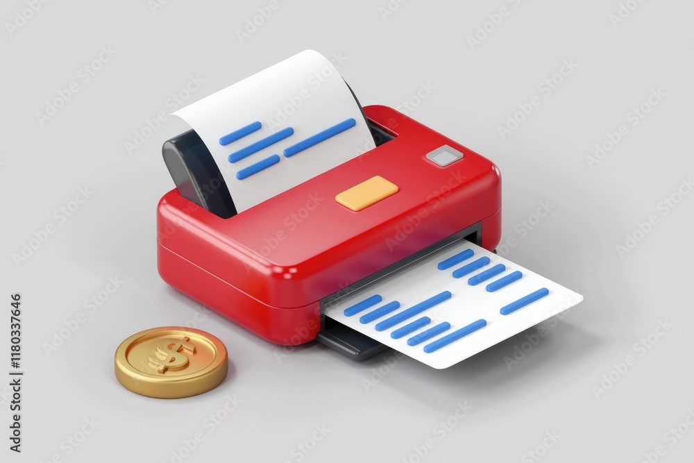 Poster a red mini printer produces a receipt, symbolizing financial transactions and digital payment proces