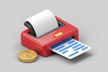 A red compact printer produces a receipt with blue lines, beside a gold dollar coin.